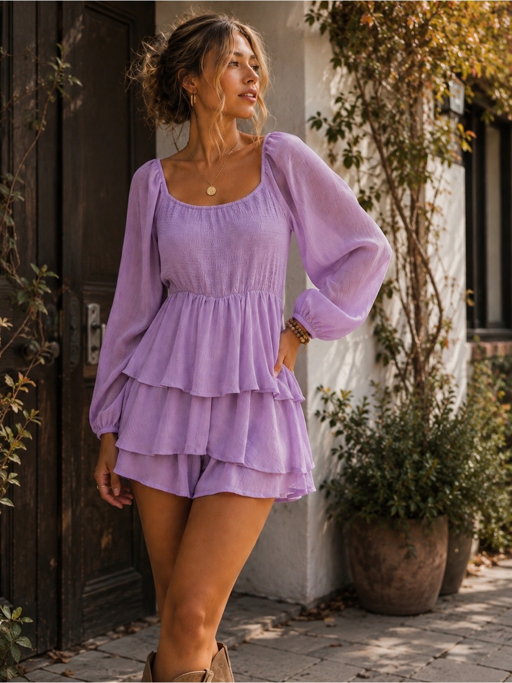 Entro Lavender Smocked Ruffle Tiered Romper Long Sleeve Medium